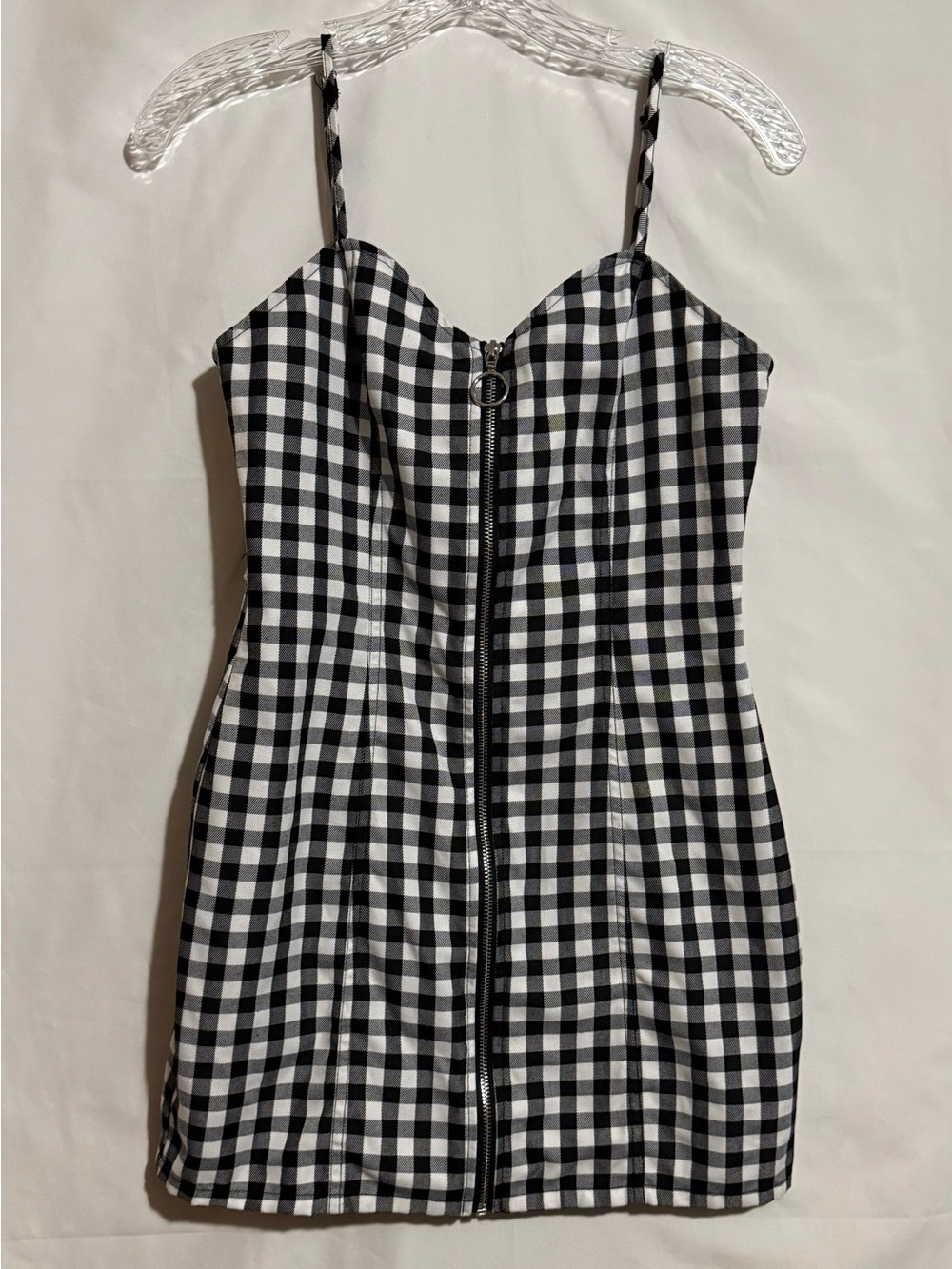 FOREVER 21 Women’s Black White Gingham Sweetheart Strappy Zip Mini Dress M